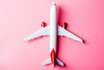 Wall Mural - Travel concept. Model of airplane on pink background.