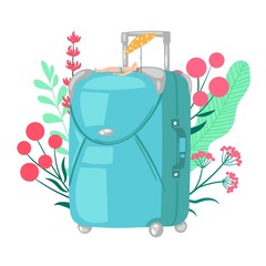 Wall Mural - Travel bag luggage vector illustration for trip, vacation baggage, tourism, voyage, journey concept in flat style design. Tourists luggage suitcase for vacation and little man sunbathing on resort.