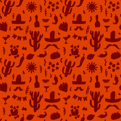 Seamless doodle vector pattern with mexican festive signs and symbols