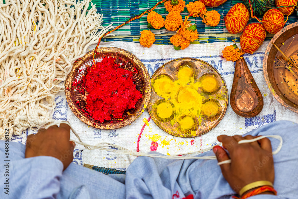 Janjam Thread Sacred Colorful Thread at Janai Purnima Festival Stock Photo | Adobe Stock