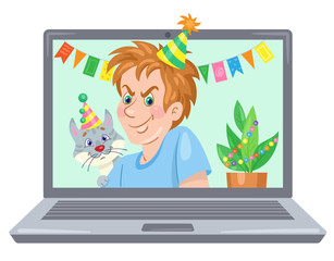 Sticker - Happy birthday! Funny guy with decorated cat and flower on a laptop screen. Video chat online. Internet communication during quarantine. In cartoon style. Vector illustration.