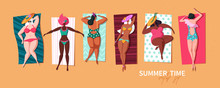 Set Of Youn Wamen Lying On The Sand Beach On Towels Sunbathing And Relaxing. Various Pretty Girls African And Plus Size In Bikini And Swimsuit. Summer Time Party With Flat Female Characters