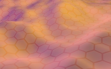 Colorful honeycomb with a gradient color on a light background. Perspective view on polygon look like honeycomb. Wavy surface. Isometric geometry. 3D illustration