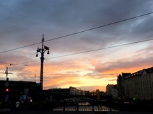 Silhouette Antique Light On Friedrichstrasse Street Bridge Against Sunset Sky