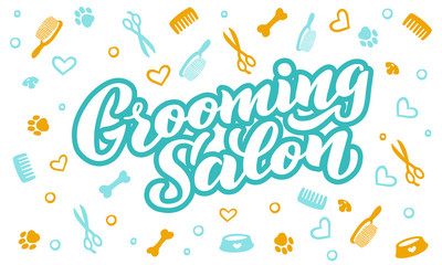 Wall Mural - Grooming salon lettering for your business. Logo for dog hair salon, dog styling and grooming shop, store for pets. Hand draw vector illustration EPS 10 