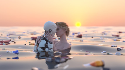 kiss of a robot and a girl in a sea of garbage