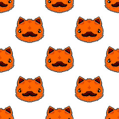 Cat faces seamless pattern. Cartoon orange cat face and mustache seamless pattern on white background isolated. Stock Vector Illustration. Cartoon style.
