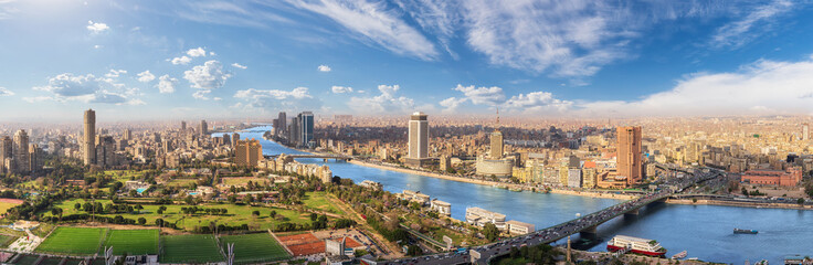 cairo aerial panorama, the nile and the downtown buildings, egypt