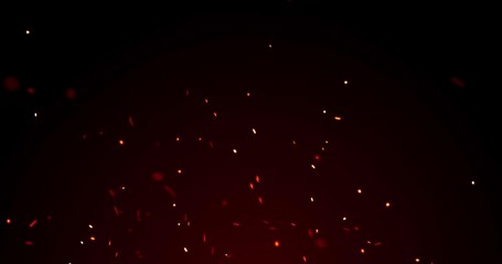Poster - Fire sparks and red flame sparkles, red light glitter, particles on black background. Golden yellow and red glowing fire flame sparks and heat blaze glittery flares shine