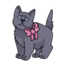 Cute Cartoon British Shorthair Kitten With Pink Bow Vector Clipart. Pedigree Kitty Breed For Cat Lovers. Purebred Domestic Kitten For Pet Parlor Illustration Mascot. Isolated Feline Housecat. EPS 10.