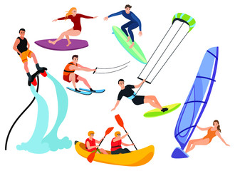 Set of water sport. Collection of people riding various water equipment. Tropical lifestyle. Riding on the waves. Leisure. Color illustration of an active sport.