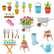 Gardening Equipment Set Of Objects, Tools, Flowers, Plants Isolated Vector Illustrations