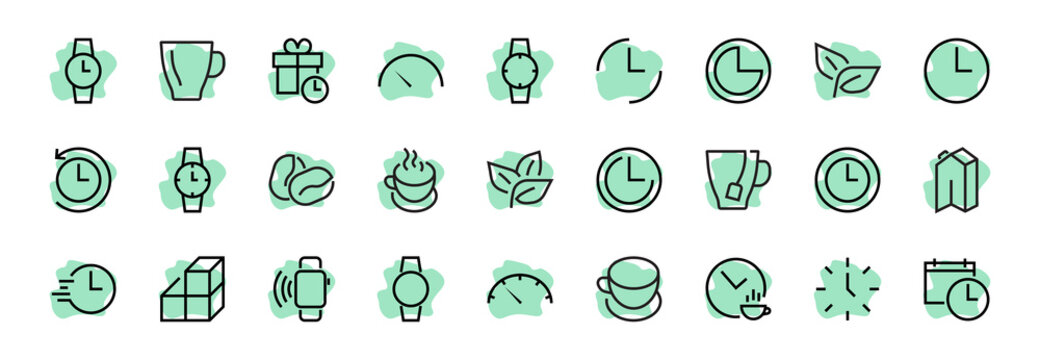 Simple set of time icon color editable template. Contains icons such as time check, speedometer calendar and other vector signs isolated on a white background for graphic and web design. 48x48 pixels