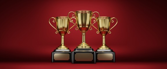 Wall Mural - golden trophy cup on red background. copy space for text. 3d rendering.