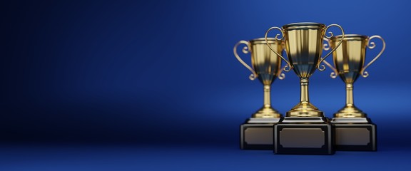 Poster - Golden trophy cup on blue background. copy space for text. 3d rendering.