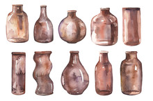 Watercolor Hand Painted Brown  Glass Bottle Collection Isolated On White Background.