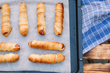 Sticker - Baked sausage rolls on the baking sheet on the wooden table. Hot dogs. Sausage in the dough.