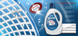 Laundry detergent gel advertising. Branded bleach, fabric softener, conditioner. Package design for Liquid Detergents ads with plastic bottle, fabric fiber enlarged image and clean towels.