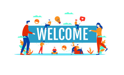 Welcome big word with small people vector illustration concept template white background isolated can be use for presentation web banner UI UX landing page