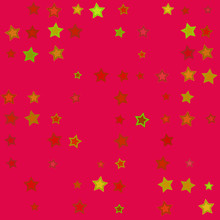 Cartoon Yellow Green Stars Seamless Pattern On Bright Red Background. Kids Or Birthday Design.