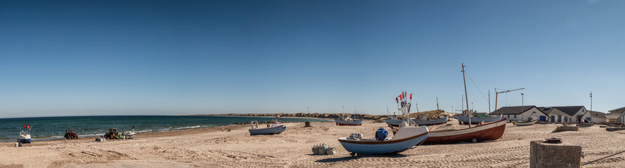 Sticker - Coastal fishing boats on the beach at Kloitmoeller Strand at the North Sea in Denmark