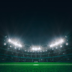 Wall Mural - Magnificent football stadium full of spectators expecting an evening match on the grass field, front spectacular view. Sport category 3D illustration.