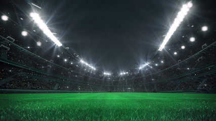 Wall Mural - Spectacular football stadium full of spectators expecting an evening match on the grass field, view from the player level. Sport category 3D illustration.