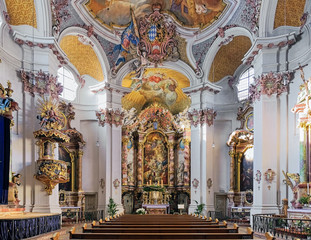 Munich, Germany. Interior of abbey church of St. Anna im Lehel. The church was built in 1727-1733 by Johann Michael Fischer. Interior was completed in 1737 by Asam brothers and Johann Baptist Straub.