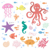 Fototapeta  - Children illustration of underwater life (jellyfish, octopus, seahorse, starfish, crab, shell, fish, corals)