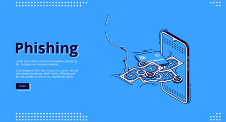 Poster - Phishing isometric landing page. Fishing hook catch and throw money bill from smartphone screen. Scammer theft personal data in internet for hacking account. Cyber crime, 3d vector line art web banner