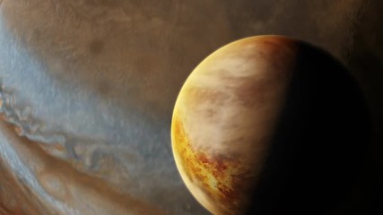 Wall Mural - sunrise over jupiter following an orbiting moon as it crosses the gas giant concept