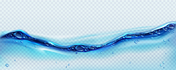 Fresh clean water wave with bubbles and drops. Vector illustration with realistic clear blue aqua surface on transparent background. Flow of pure liquid drink