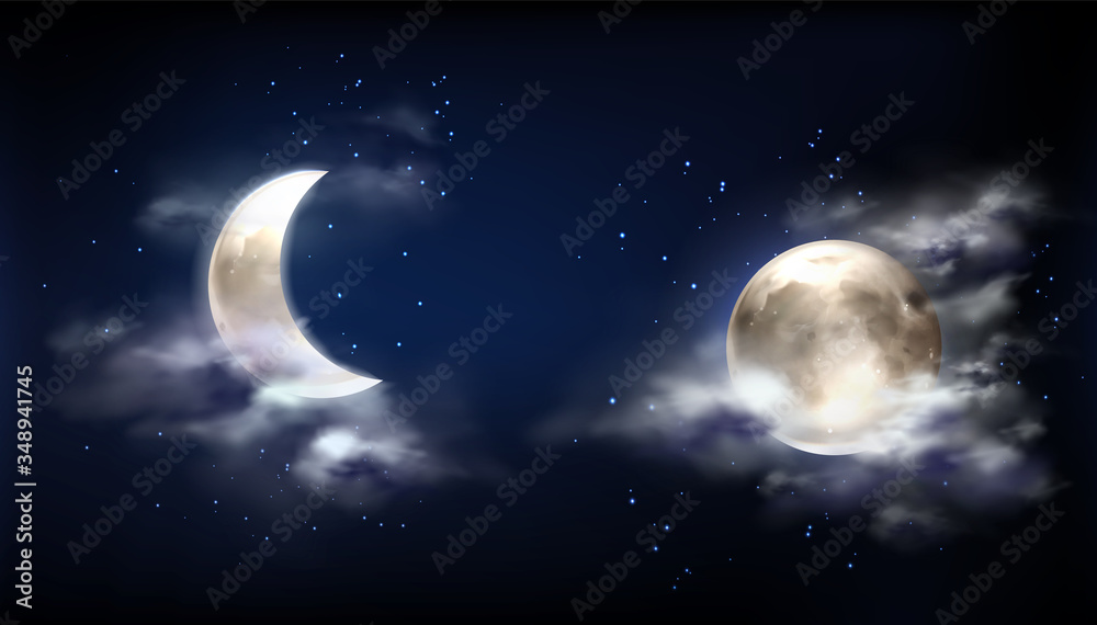 Moon in night sky with clouds and stars. Vector realistic illustration of full moon and crescent on dark midnight sky. Starry outer space with bright glowing planet and fog - obrazy, fototapety, plakaty 