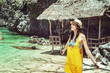 Young beautiful woman takes sunbaths on the seashore on an island in the Philippines Beautiful girl in beachwear enjoys the sun and the sea on the background of rocks,concept of summer holidays at sea