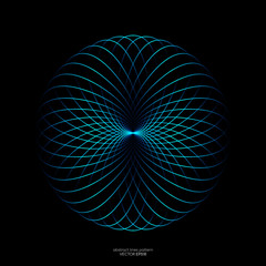 Poster - Abstract blue green light lines weaving pattern in circle shape isolated on black background. Vector illustration in concept technology, science, music, modern.
