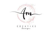 Handwritten AM A M Letters Logo With Dust Pink Sparkling Circles And Glitter.
