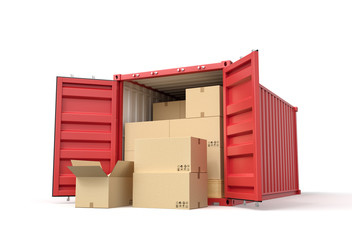 Poster - 3d rendering of red shipping container filled with cardboard boxes isolated on white background