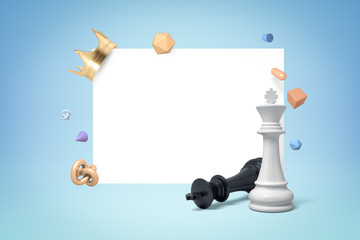 Wall Mural - 3d rendering of black and white chess kings with random objects on blue white background