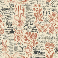Vector Seamless Pattern With Medicinal Herbs And Insects In Retro Style. Hand-drawn Herbs, Beetles, Butterflies And Unreadable Scribbles On An Old Paper Background. Wallpaper, Wrapping Paper, Fabric