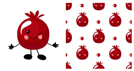 Wall Mural - pomegranate character. Cute cartoon fruit. illustration isolated on a white background. Fruits seamless pattern.