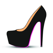 6 Inches Black Very High Heels Platform Pumps With Pink Sole. Vector Illustration On White Background