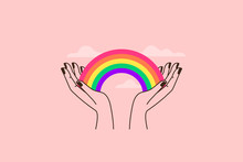 Vector Illustration In Flat Simple Linear Style - Hand And Pride LGBT Rainbow Heart - Lesbian Gay Bisexual Transgender Love