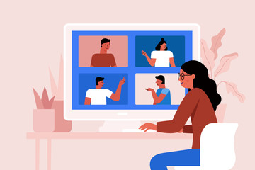 Poster - Vector illustration in simple flat style with characters - collective video conference and online group meeting - teamwork and remote freelance working