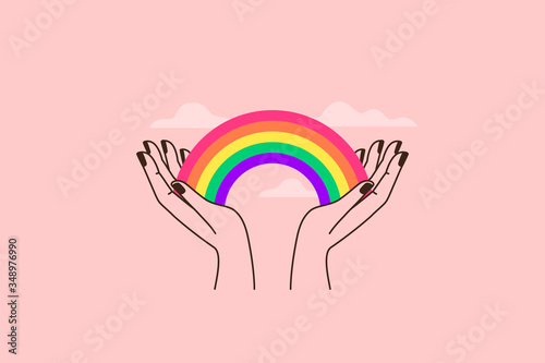 Fotomural Vector illustration in flat simple linear style - hand and pride LGBT rainbow he