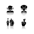 © IMG visuals icons - Psychological problem drop shadow black glyph icons set. Man scream from hatred. Suffering from mental illness. Hope and belief. Psychological help. Isolated vector illustrations on white space