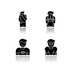 Wall Mural - Human behaviour drop shadow black glyph icons set. Feeling of shame. Man with self blame. Social emotion of guilt. Symptom of psychological abuse. Isolated vector illustrations on white space