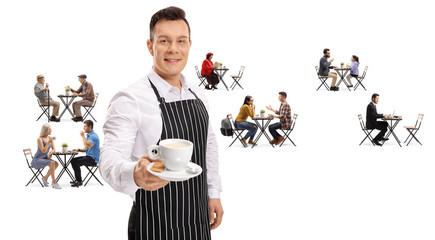 Wall Mural - Waiter with a cup of coffee in a cafe with young and elderly people on tables