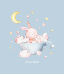 Wall Mural - Little Bunny Takes Baths in a Cup. Cute watercolor cartoon hand drawn print can be used for t-shirt print, kids wear fashion design, baby shower invitation card.