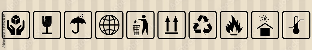 FRAGILE MARK label, box signs, shipping mark, package markings, stamp fragile label. FRAGILE set contain this way up icon, keep dry icon. Fragile box, cargo warning signs. illustration - obrazy, fototapety, plakaty 