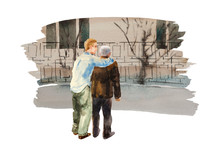 Young Man Comforting Sad Senior Person On The Street. Alzheimer Or Dementia Watercolor Concept Illustration